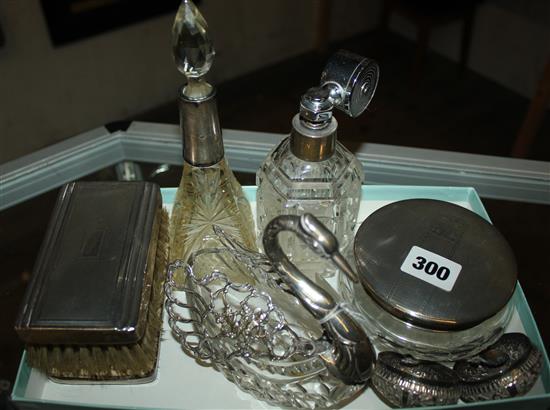 Silver mounted cut glass Swan bon bon dish, pair of Indian silver salts & spoons, 4 silver mounted scent bottle , powder bowl etc.